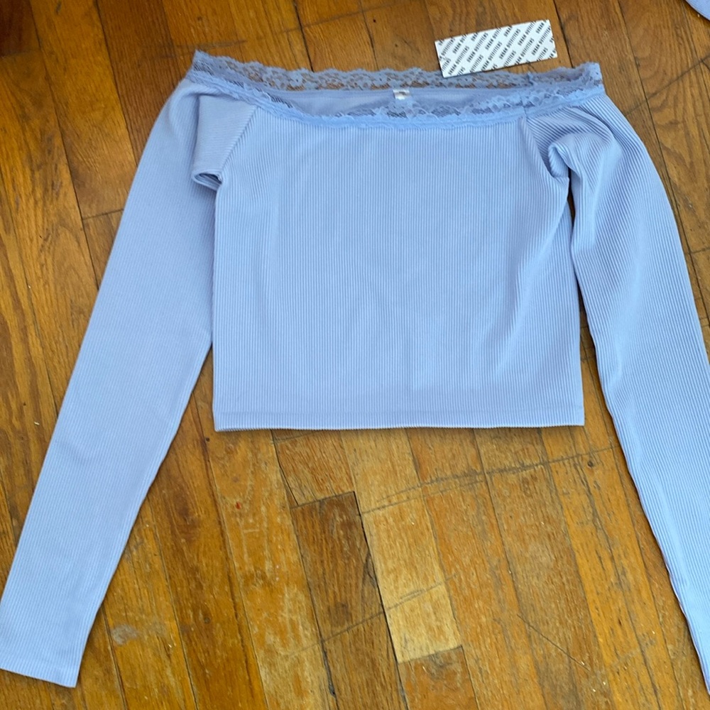 urban outfitters purple off the shoulder crop top.